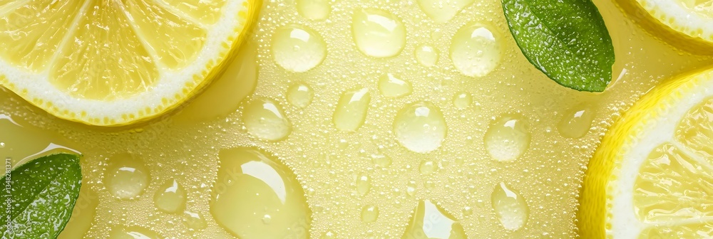 Poster close up of fresh lemon and lime slices with water droplets on a chilled glass creating a refreshing