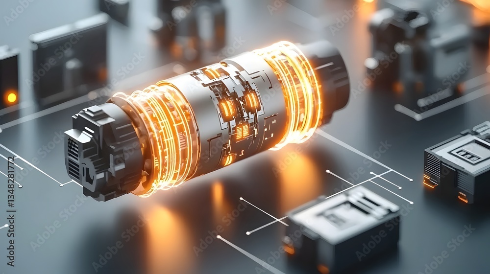 Fototapete Close up view of a brushless DC motor with a glowing illuminated coil symbolizing the dynamic transfer of electrical energy through the device
