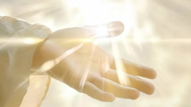 A divine hand reaching out with sunlight streaming through, captured from a low angle. The video conveys a sense of hope and spirituality.