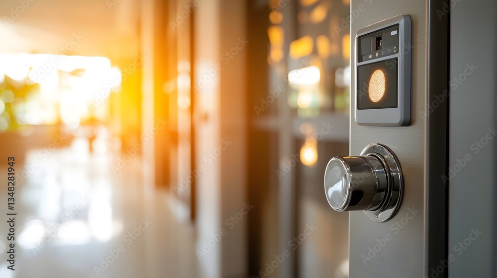 Poster close up view of a fingerprint sensor on a residential door with warm natural light filtering throug