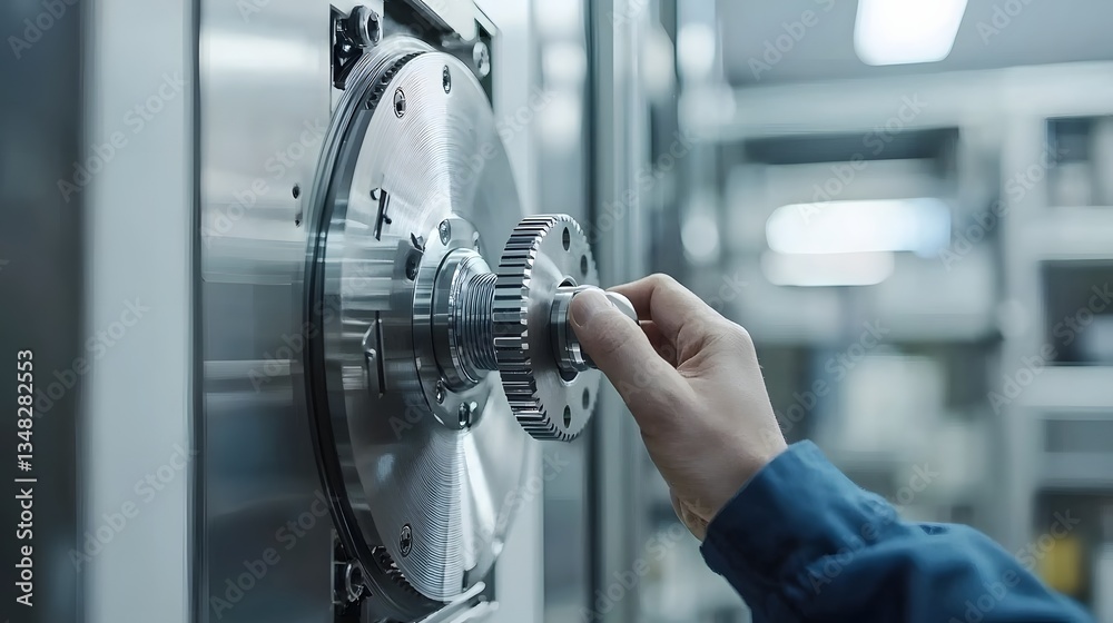Poster close up view of a sturdy steel vault wheel handle being manually turned symbolizing security access