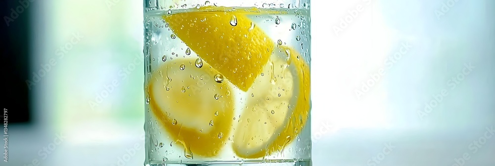 Poster closeup of a glass filled with cool refreshing lemonade and water droplets beading on the surface cr