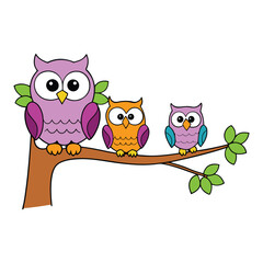 A pair of cute owls perched on a tree branch, with soft feathers and wide eyes, surrounded by lush green leaves under a clear blue sky.