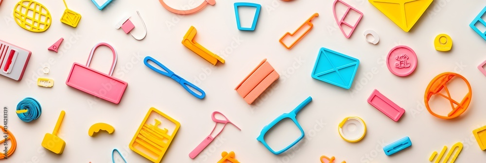Aufkleber Colorful and dynamic abstract background featuring an assortment of stylized neon hued product icons and shapes scattered across a soft gradient surface