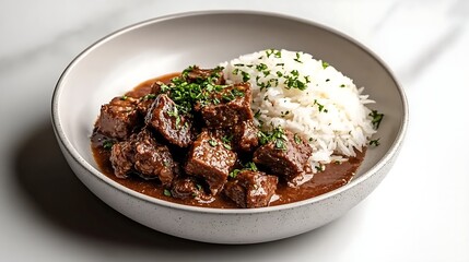 A minimalist shot of feijoada with rice on a white plate
