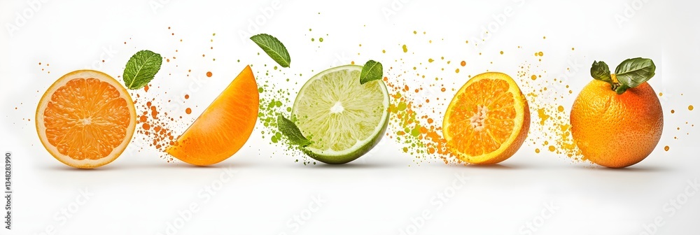 Poster composition featuring vibrant orange and lime slices blended with abstract paint splashes and textur