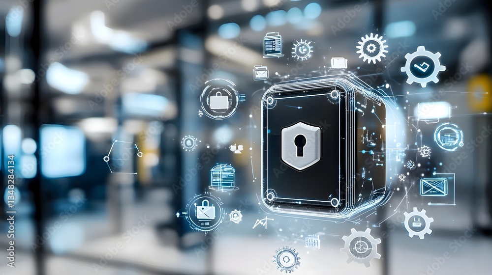 Aufkleber Conceptual background showcasing a floating safe surrounded by various digital security icons and symbols representing the importance of cybersecurity in the technological landscape