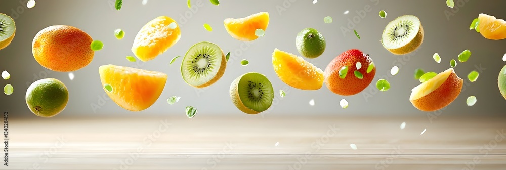Poster Conceptual background showcasing vibrant fruit slices including citrus and kiwi frozen in mid air against a plain background with dynamic lighting and water droplet effects