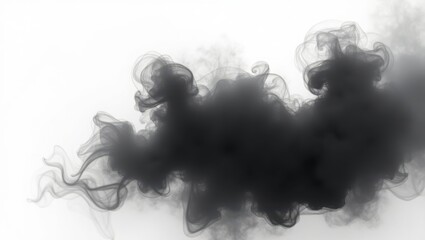 Realistic black smoke or fog rising against a pure white background. The smoke has a natural, swirling texture with wispy tendrils that create depth and movement.