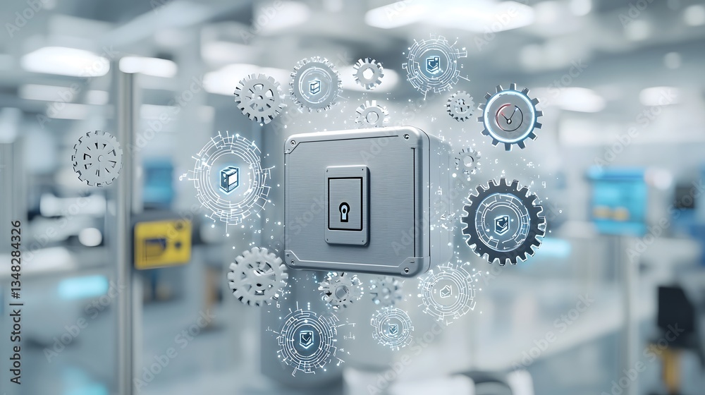 Fototapete Conceptual image depicting a floating digital safe surrounded by floating gears and various digital security symbols