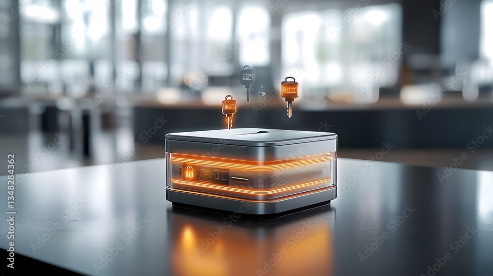 Fototapete Conceptual image of a futuristic glowing digital security safe with floating authentication keys on a dark minimalist surface representing data protection and access control technology