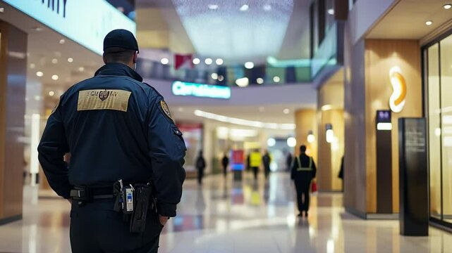 Securing the Corridor: A security guard patrols a vibrant, modern commercial space, ensuring safety and order in a bustling environment, captured with a keen eye for detail.