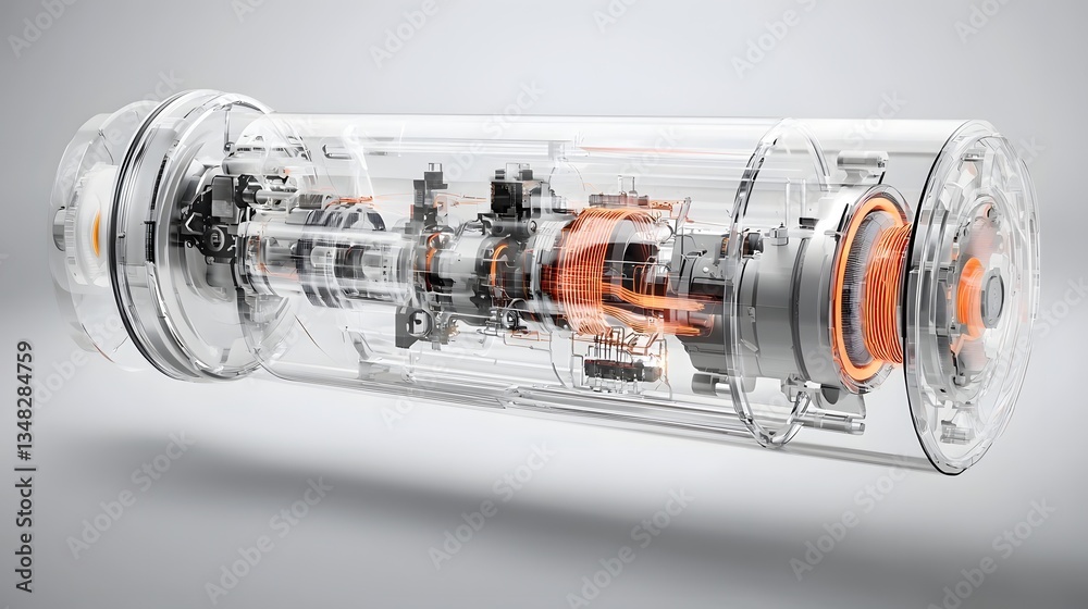 Aufkleber Cutaway view of a sleek advanced electric motor concept with a transparent casing revealing the intricate inner workings and magnetic fields that power its mechanics