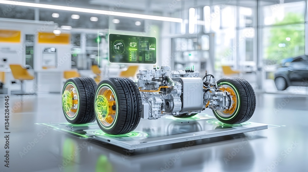 Aufkleber Cutting edge electric vehicle motor with advanced holographic display highlighting key components and technological innovations