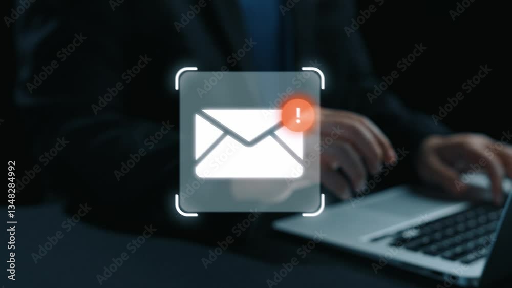 Poster business person checking email inbox, organizing and prioritizing messages for better productivity. 
