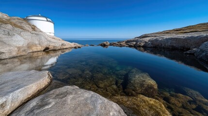 Fototapeta premium Tranquil coastal pool reflecting a white observatory