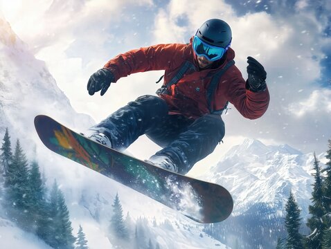 Mid-air snowboarder against a snowy mountain backdrop A dynamic display of winter sports with clear sky and snowy scenery