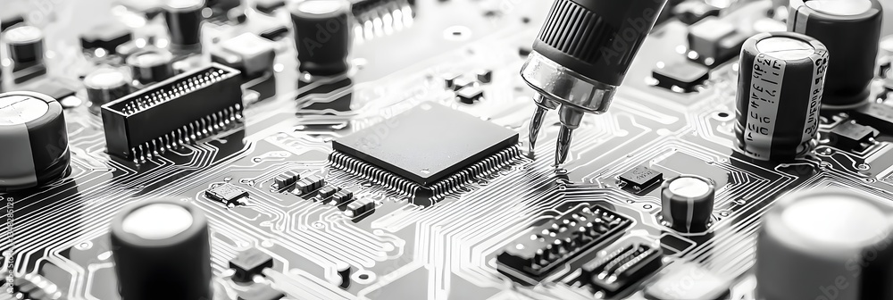 Poster detailed black and white closeup view of the intricate circuitry and components on a telecommunicati
