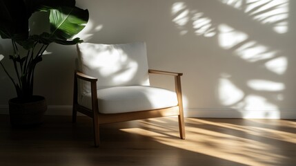 Fototapeta premium Modern, minimalist armchair in a sun-drenched room