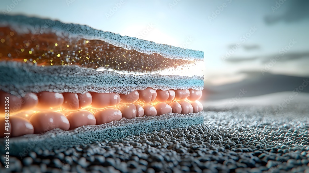 Poster detailed cross section view of human skin showing the layered structure of fat cells with a glowing 
