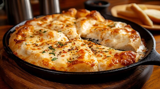 A sizzling hot cast iron pan with melted provoleta cheese, topped with oregano and chili flakes, served with fresh bread