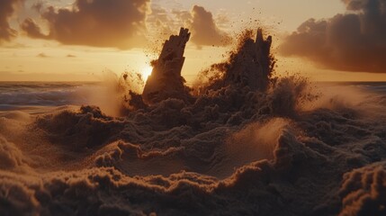 Naklejka premium Grand Sunset Over Ocean Waves Crashing on Weathered Wooden Stumps