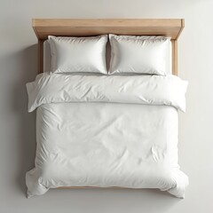 Top view light wood queen bed with white bedding. Soft pillows, cozy duvet, clean linen. Modern home interior design, minimalist decor for comfort sleep, rest.