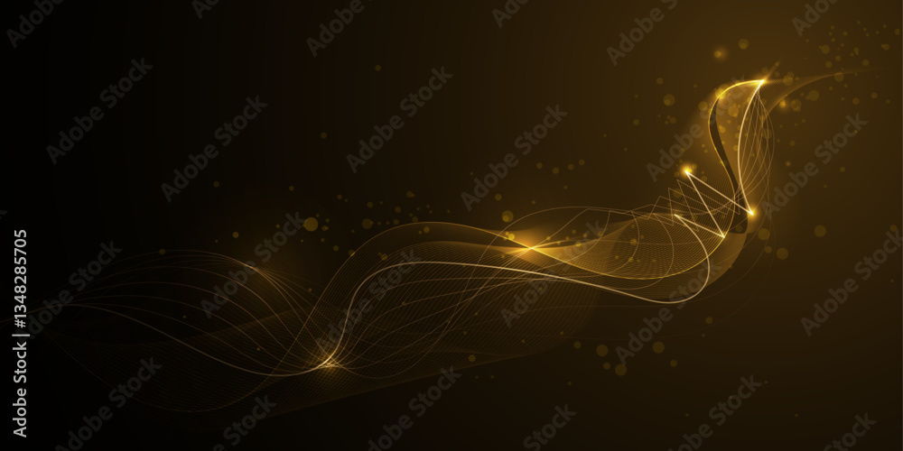 Poster Illustration vector abstract wave, flow line, motion pattern and particle dot on gold color background. Modern futuristic, big data design for background. Digital datum, high tech, technology concept