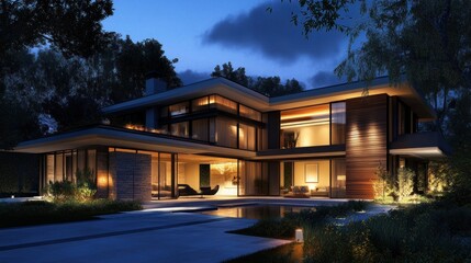 Fototapeta premium Luxury Modern Villa at Dusk: Architectural Marvel Illuminated