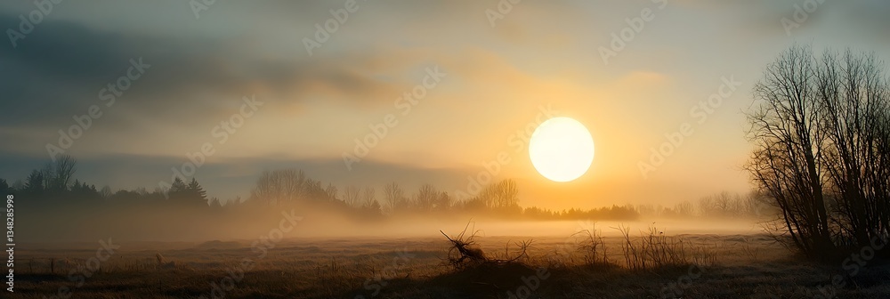 Poster dramatic and surreal landscape with an oversized sun filling the sky creating a dreamlike and ethere