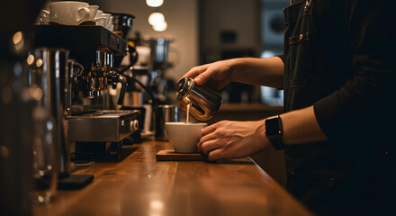 Naklejka premium Barista Adding Sweetener to Espresso, Close-up, Warm Lighting