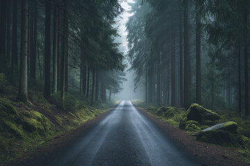 Fototapeta premium An asphalt road cuts through a dense, misty forest. Tall trees line the road, with moss-covered rocks adding texture to the scene, perfect for a landscape photo