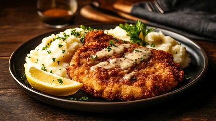 A perfectly crispy Argentine milanesa (breaded beef cutlet) served with mashed potatoes and a fresh lemon wedge, presented on a rustic plate