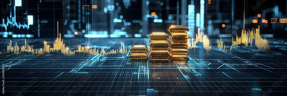Poster elegant stacks of golden bars set against a futuristic backdrop of financial data visualizations and