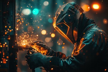 Welder creates glowing sparks while joining metal pieces together