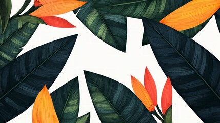 Fototapeta premium Tropical Palm Leaves Bird of Paradise Flowers Pattern