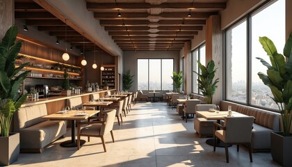 Fototapeta premium Modern restaurant cafe interior render. Stylish cozy design with tables chairs, large windows. Dining area with lighting, plants decor. Interior design, eatery, architecture.
