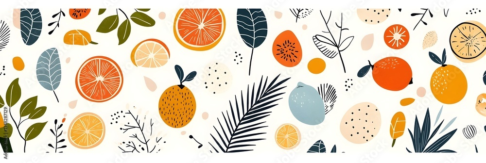 Aufkleber festive background featuring a lively pattern of various citrus fruits palm leaves and other tropica