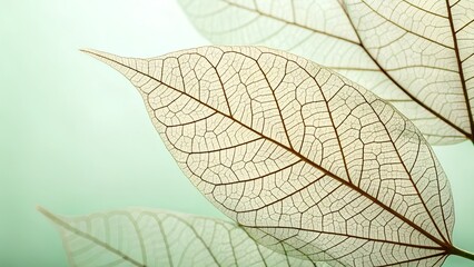 Obraz premium Intricate Leaf Veins: A close-up shot reveals the delicate, transparent beauty of leaf veins against a soft, light green backdrop, showcasing nature's intricate design.