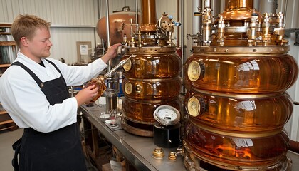 Distiller checks amber liquid in factory.