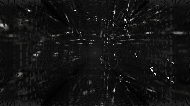 endless forward movement inside a dark gloomy tunnel with white lighting and abstract openwork walls. 3d render looped animation