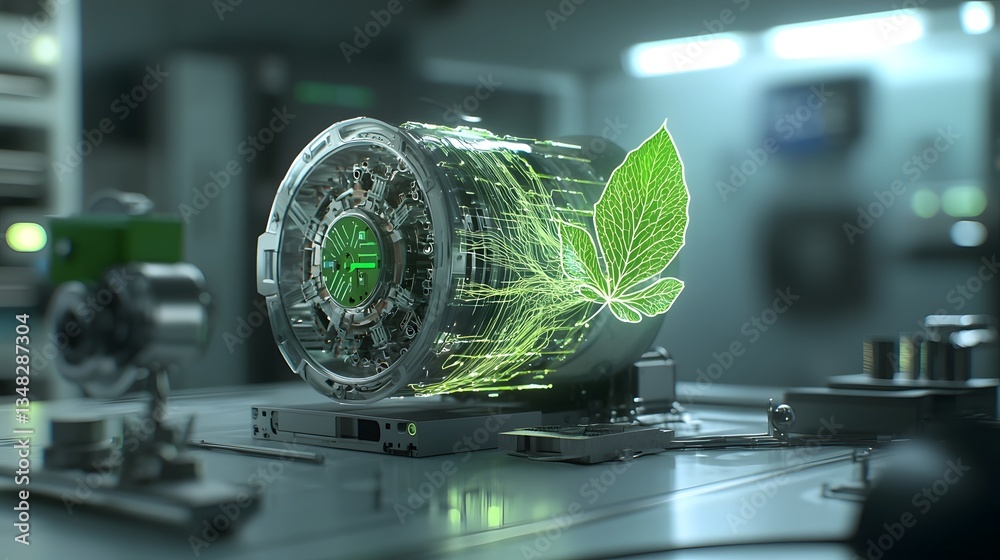 Aufkleber Futuristic and innovative of a green energy motor with electromagnetic waves intertwining to create a leaf like design symbolizing the connection between technology and nature s renewable power