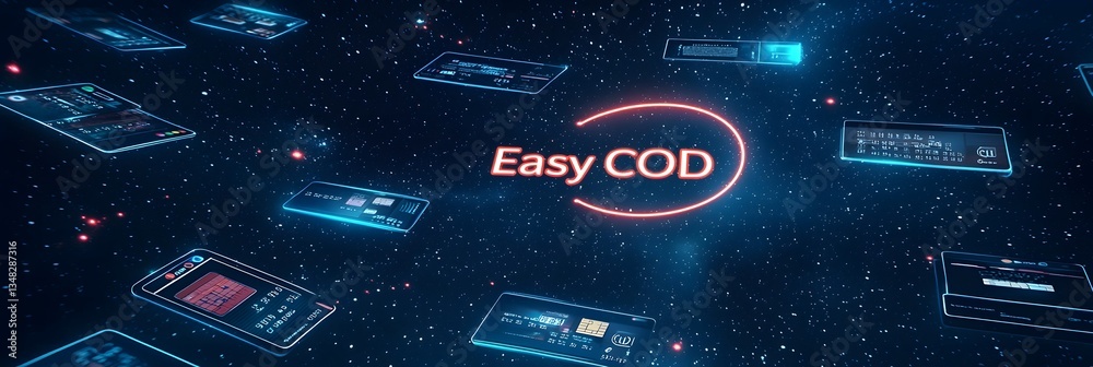 Poster Futuristic background blending various payment methods and symbols with a prominent  Easy COD  icon floating in a cosmic starry environment