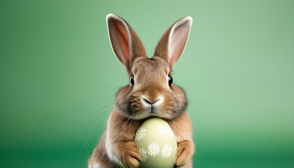 Obraz premium easter celebration holiday greeting card easter bunny rabbit holding an easter egg isolated on pastel green background