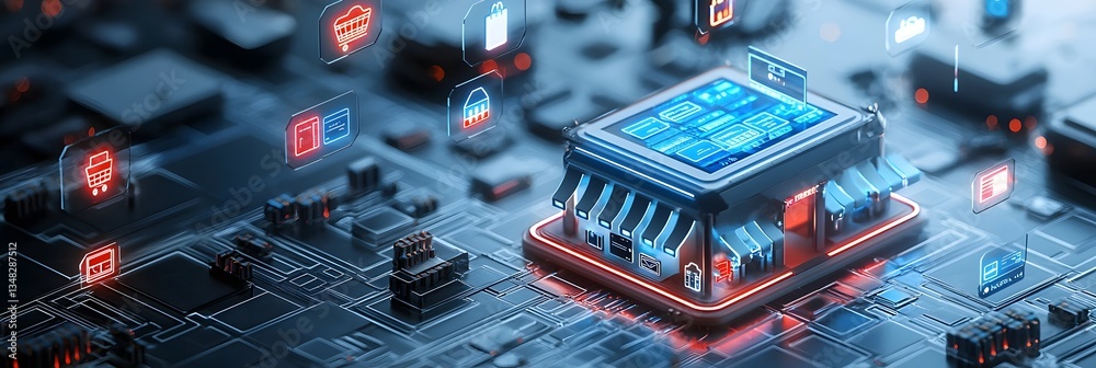 Aufkleber Futuristic digital marketplace with glowing floating icons representing various products and services in a high tech abstract interface