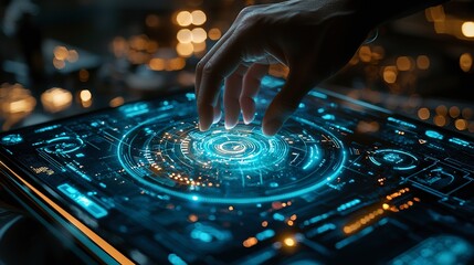 A hand interacting with an illuminated digital interface display