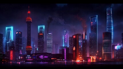 Obraz premium Futuristic Cyberpunk Cityscape Neon Lights Skyline Modern Architecture