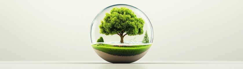 Green Tree Enclosed in Glass Sphere on White Background