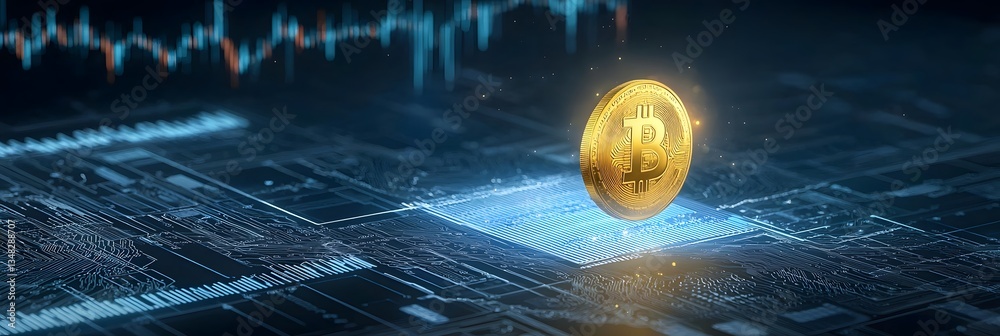 Aufkleber Glowing golden Bitcoin cryptocurrency coin floating in a futuristic data driven trading landscape with charts and graphs