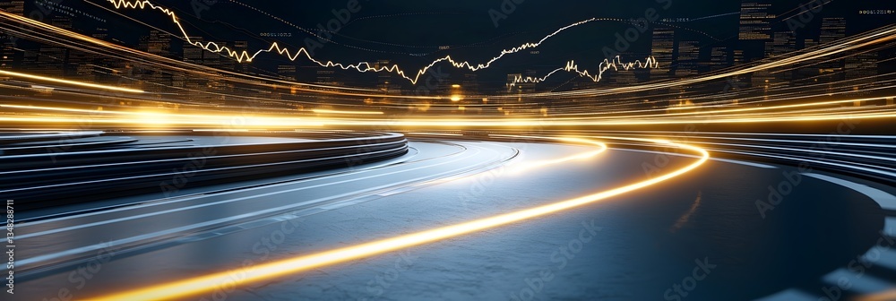 Poster glowing light trails swiftly move across a background of vibrant financial data visualizations conve